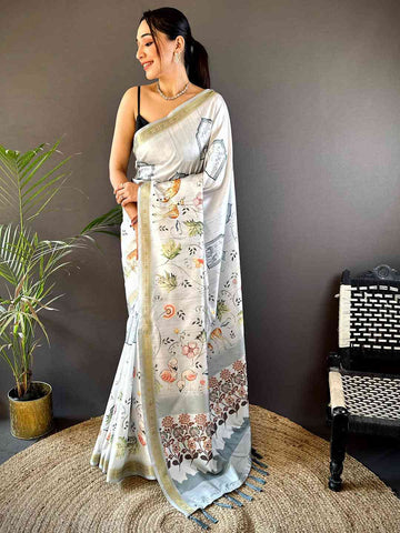 White Linen Silk Saree with Nature Inspired Print & Elegant Zari Border