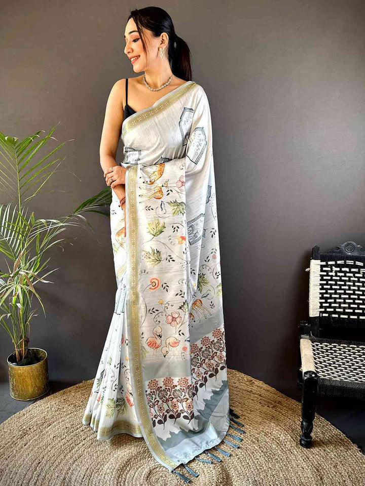 White Linen Silk Saree with Nature Inspired Print & Elegant Zari Border