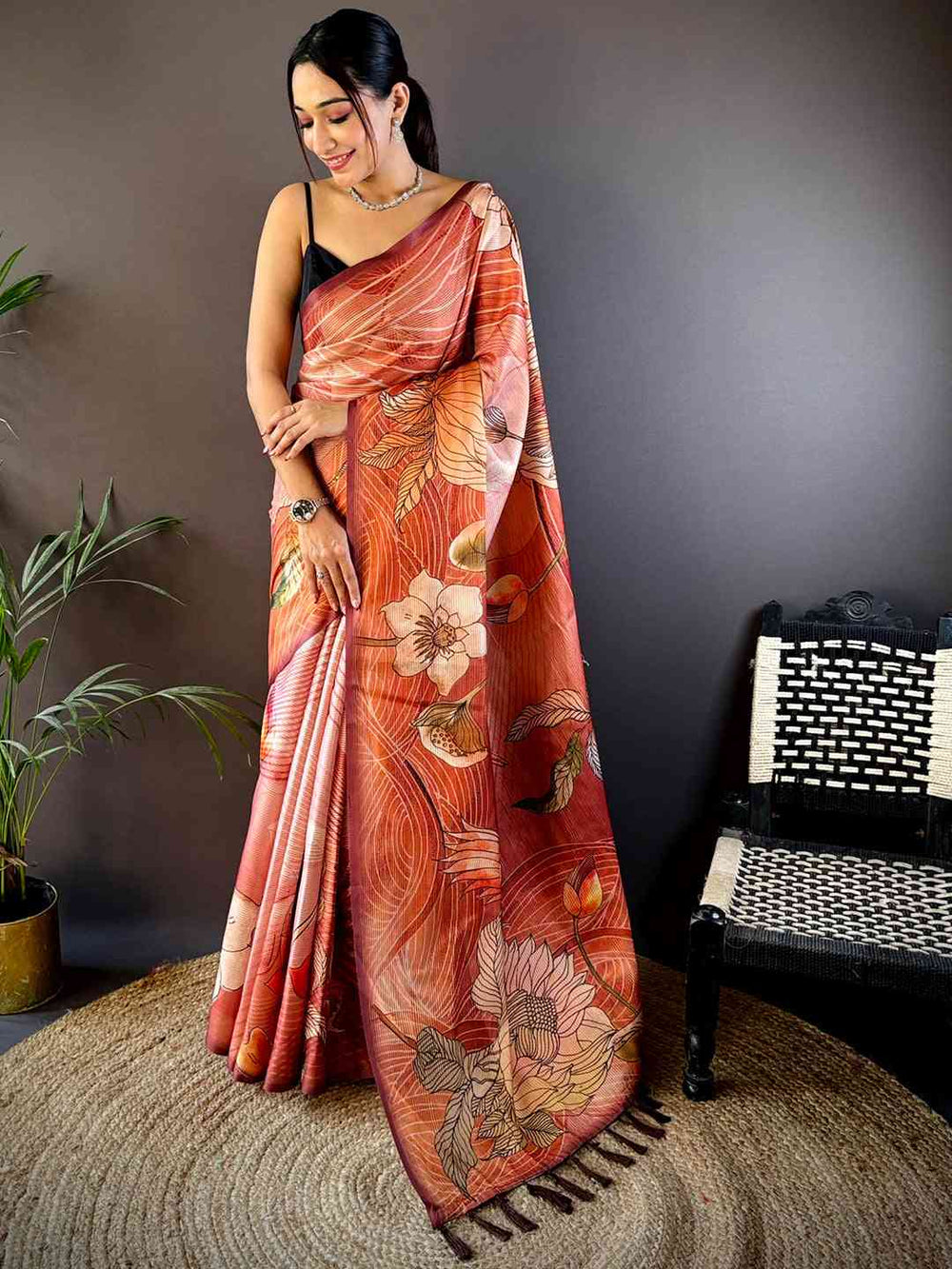 Rust Orange Linen Silk Saree with Bold Leaf Print & Elegant Border