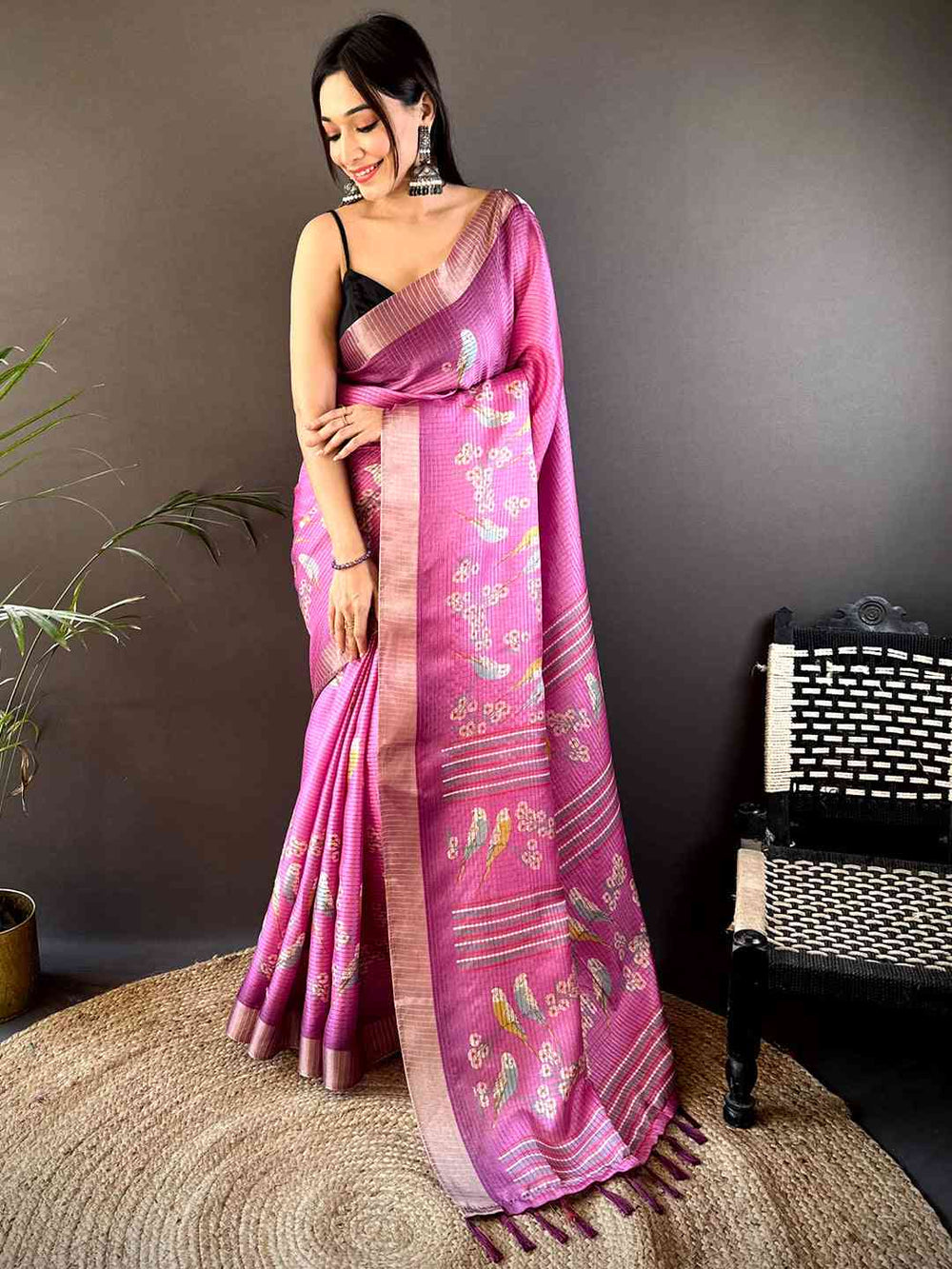 Pink Linen Silk Saree with Bird & Floral Digital Print and Woven Border
