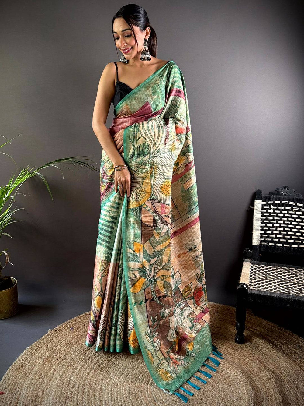 Multicolor Linen Silk Saree with Artistic Floral & Abstract Print