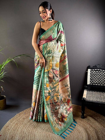 Multicolor Linen Silk Saree with Artistic Floral & Abstract Print