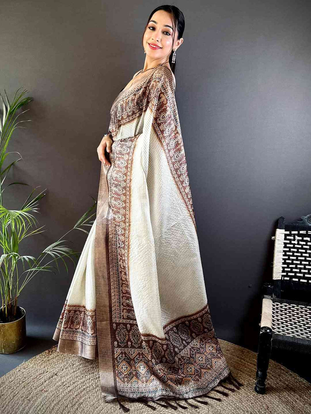 Cream & Brown Linen Silk Saree with Traditional Printed Border & Tassel Pallu