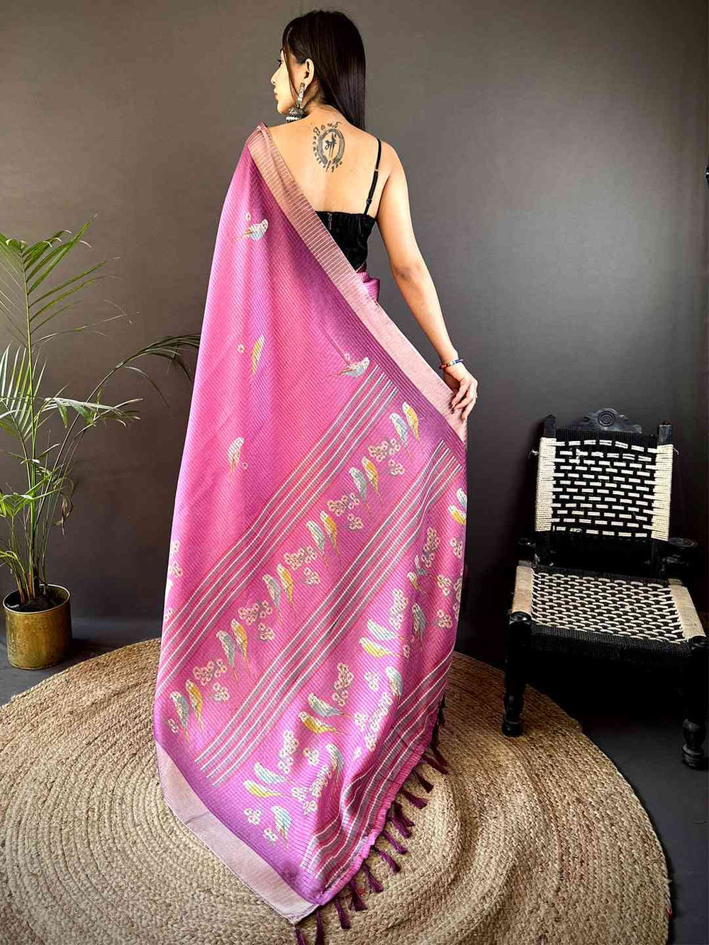 Pink Linen Silk Saree with Bird & Floral Digital Print and Woven Border