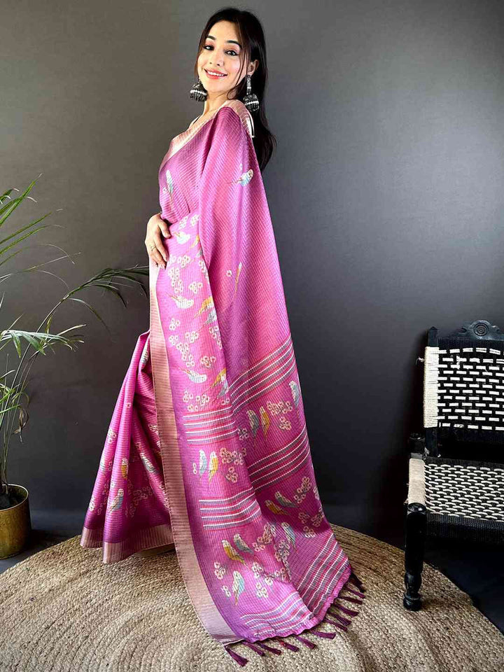 Pink Linen Silk Saree with Bird & Floral Digital Print and Woven Border