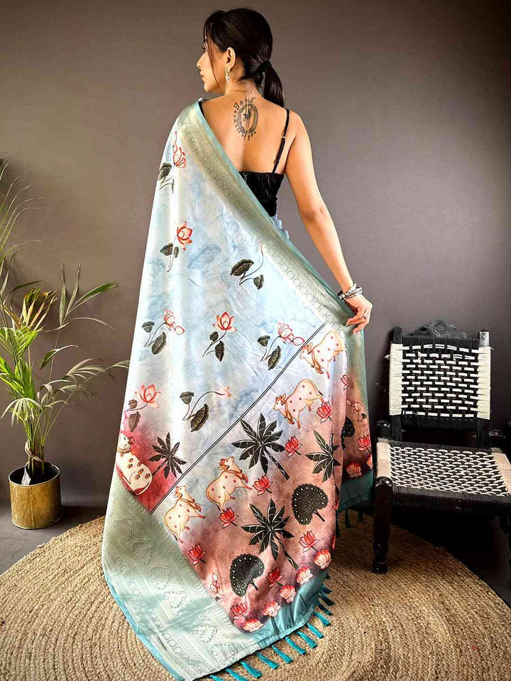 Sky Blue Linen Silk Saree with Artistic Print & Zari Border