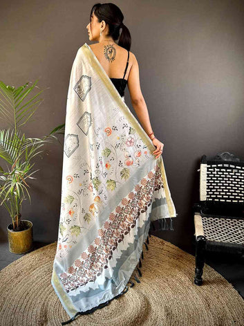 White Linen Silk Saree with Nature Inspired Print & Elegant Zari Border