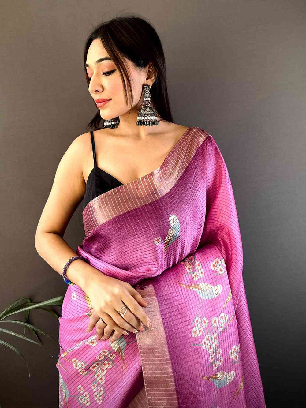 Pink Linen Silk Saree with Bird & Floral Digital Print and Woven Border