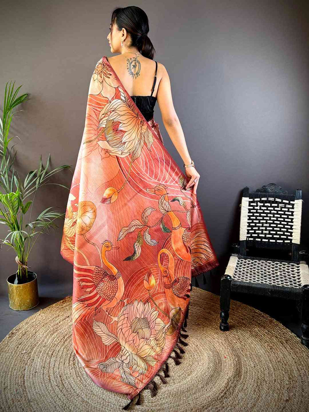 Rust Orange Linen Silk Saree with Bold Leaf Print & Elegant Border