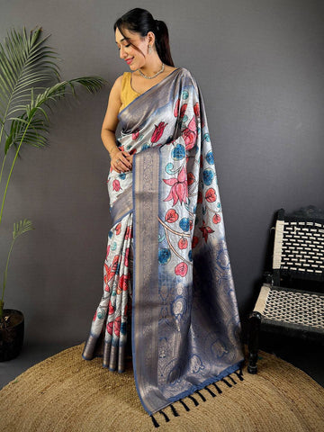 Grey Linen Silk Saree with Lotus Floral Digital Print & Zari Border