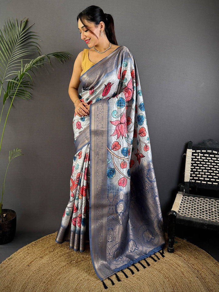 Grey Linen Silk Saree with Lotus Floral Digital Print & Zari Border