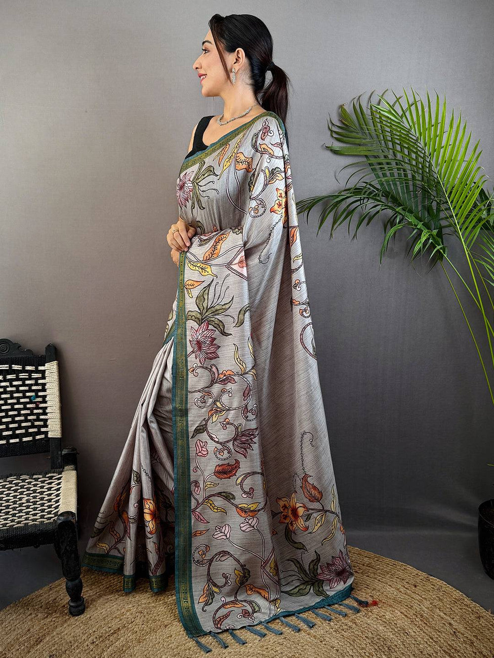 Grey Printed Silk Saree with Multicolor Floral Design & Contrast Green Border