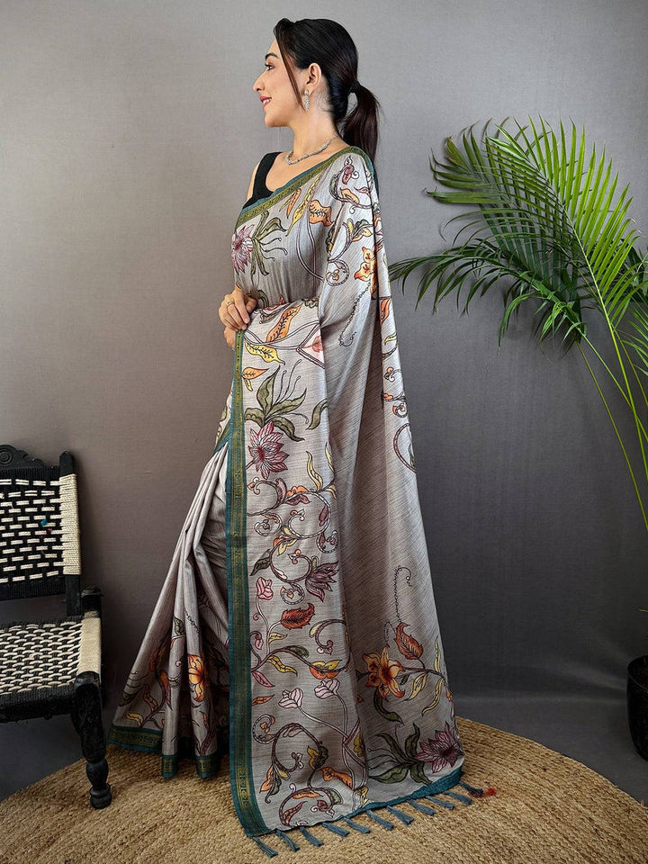 Grey Printed Silk Saree with Multicolor Floral Design & Contrast Green Border