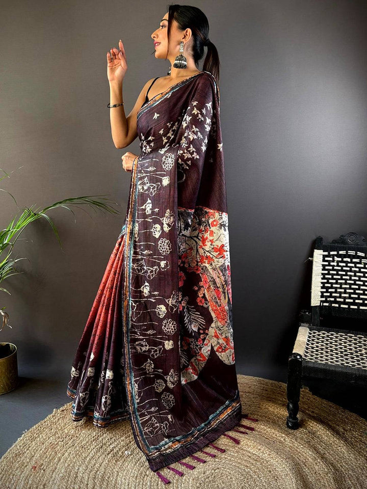 Maroon Linen Silk Saree with Artistic Floral Print & Tassel Pallu