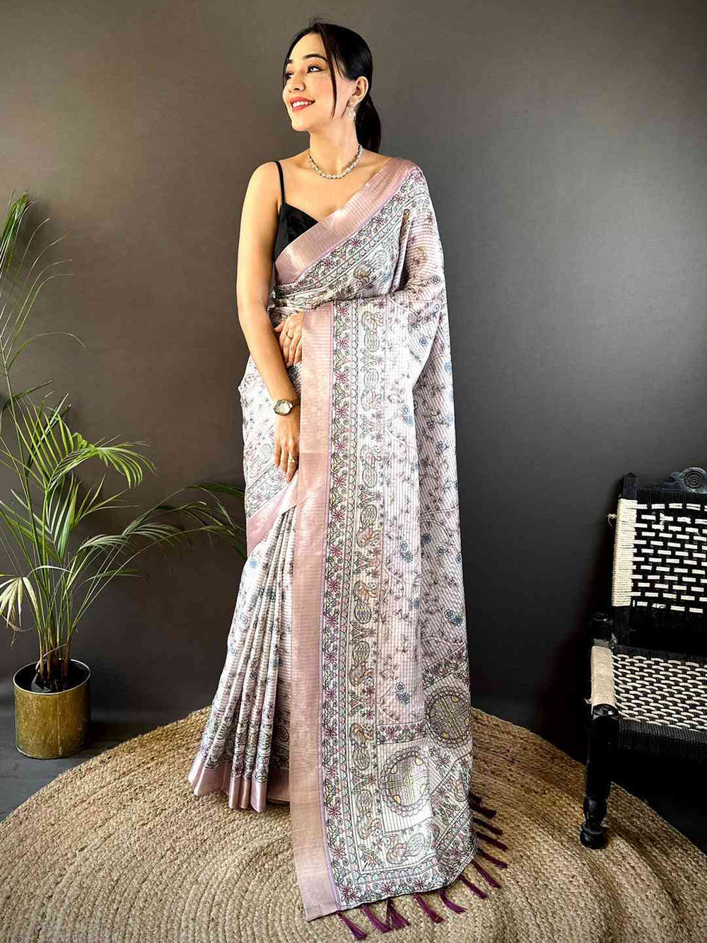 Soft Pink Linen Silk Saree with Intricate Ethnic Print & Woven Border