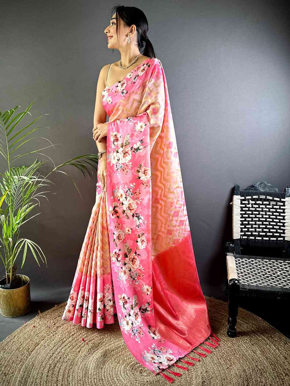 Pink Linen Silk Saree with Floral Print & Golden Chevron Weave