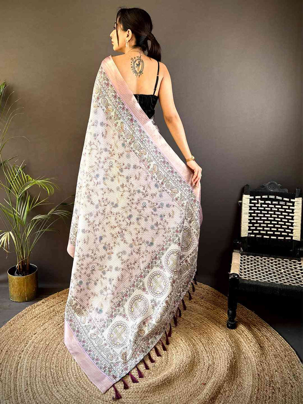 Soft Pink Linen Silk Saree with Intricate Ethnic Print & Woven Border