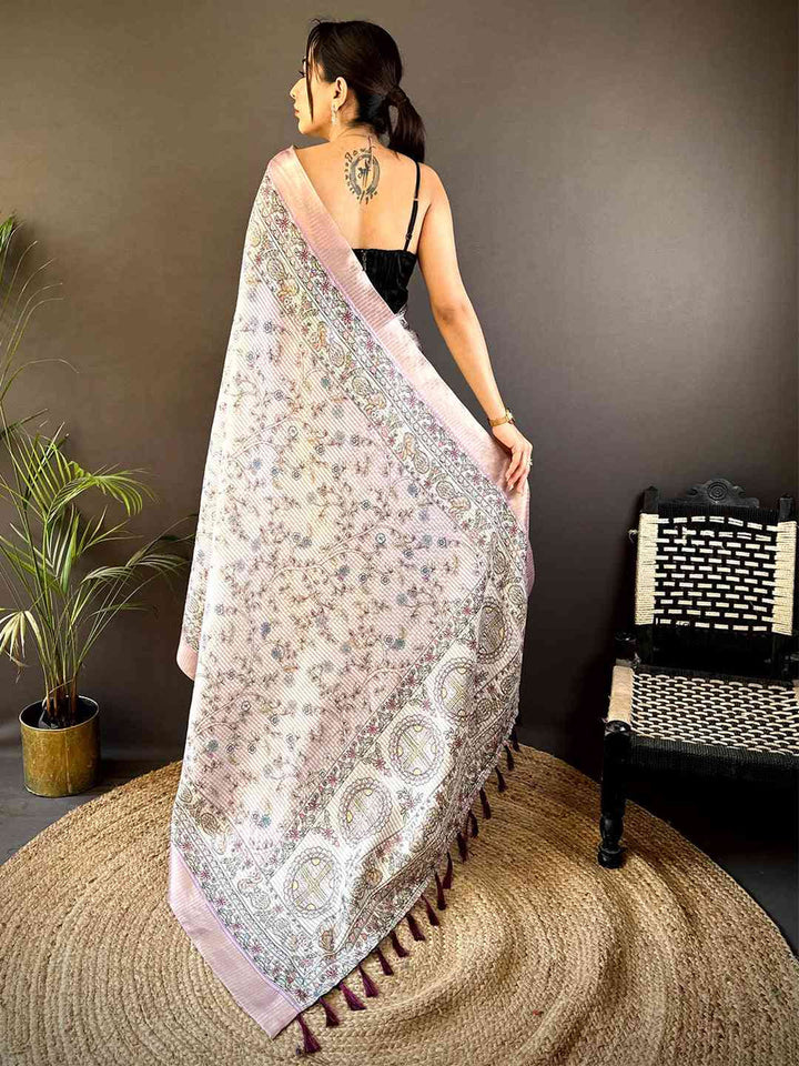 Soft Pink Linen Silk Saree with Intricate Ethnic Print & Woven Border