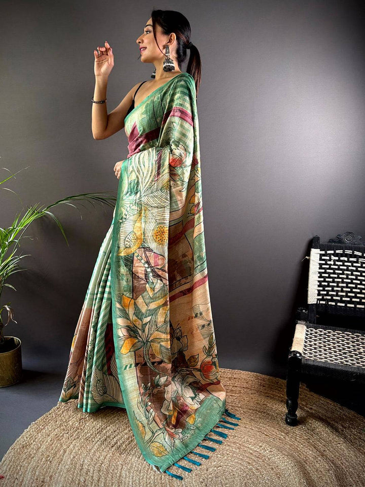 Multicolor Linen Silk Saree with Artistic Floral & Abstract Print