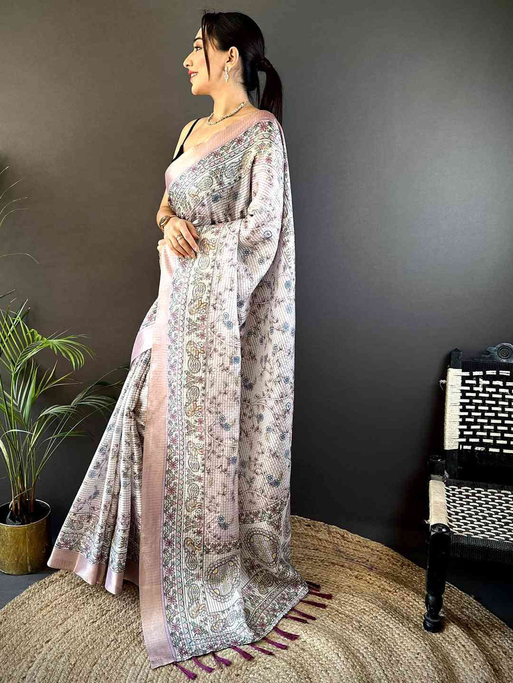 Soft Pink Linen Silk Saree with Intricate Ethnic Print & Woven Border