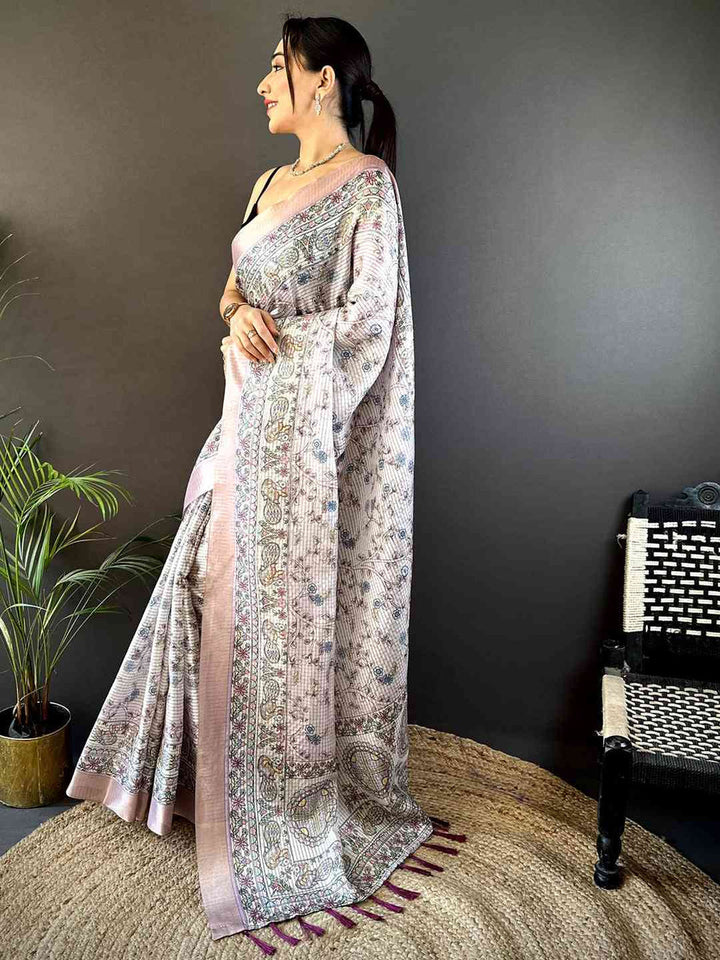 Soft Pink Linen Silk Saree with Intricate Ethnic Print & Woven Border