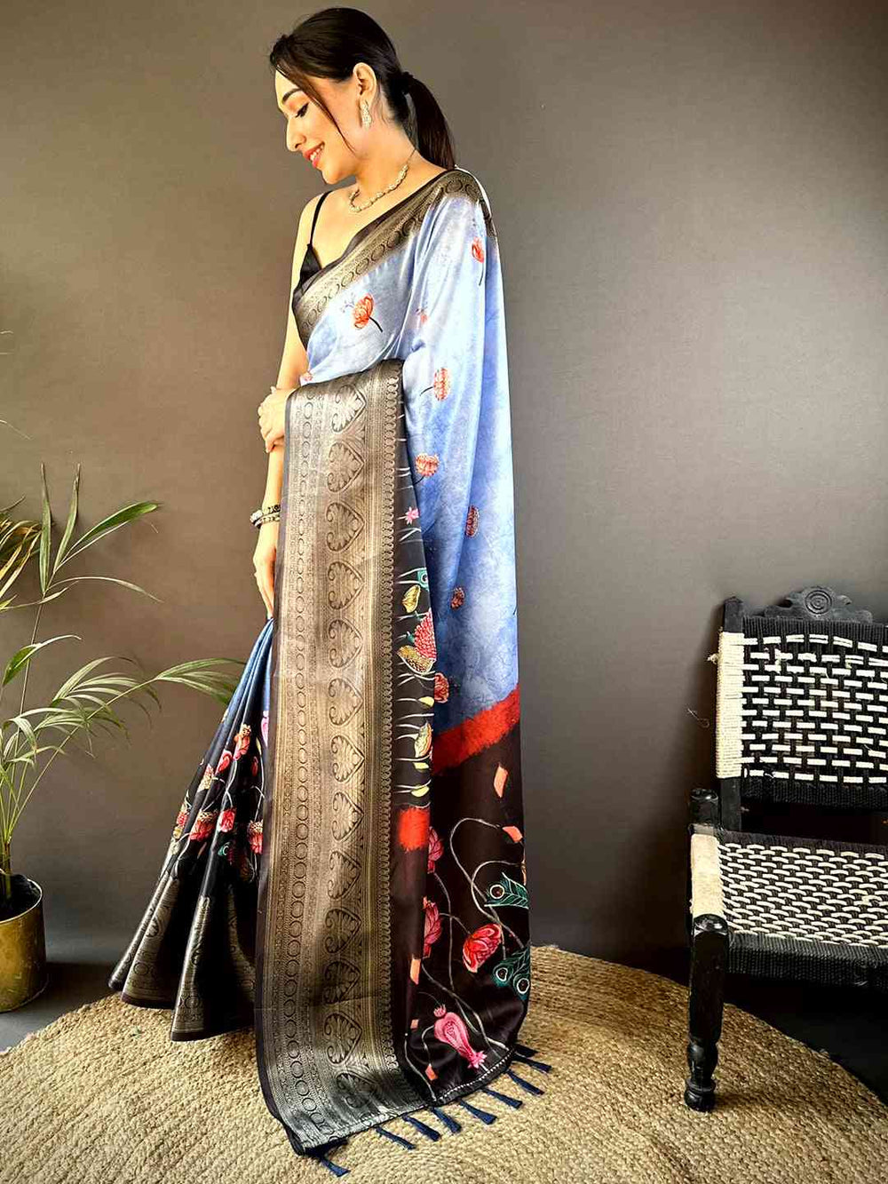 Sky Blue Linen Silk Saree with Artistic Print & Zari Border