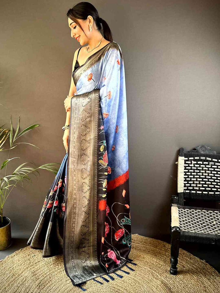 Sky Blue Linen Silk Saree with Artistic Print & Zari Border