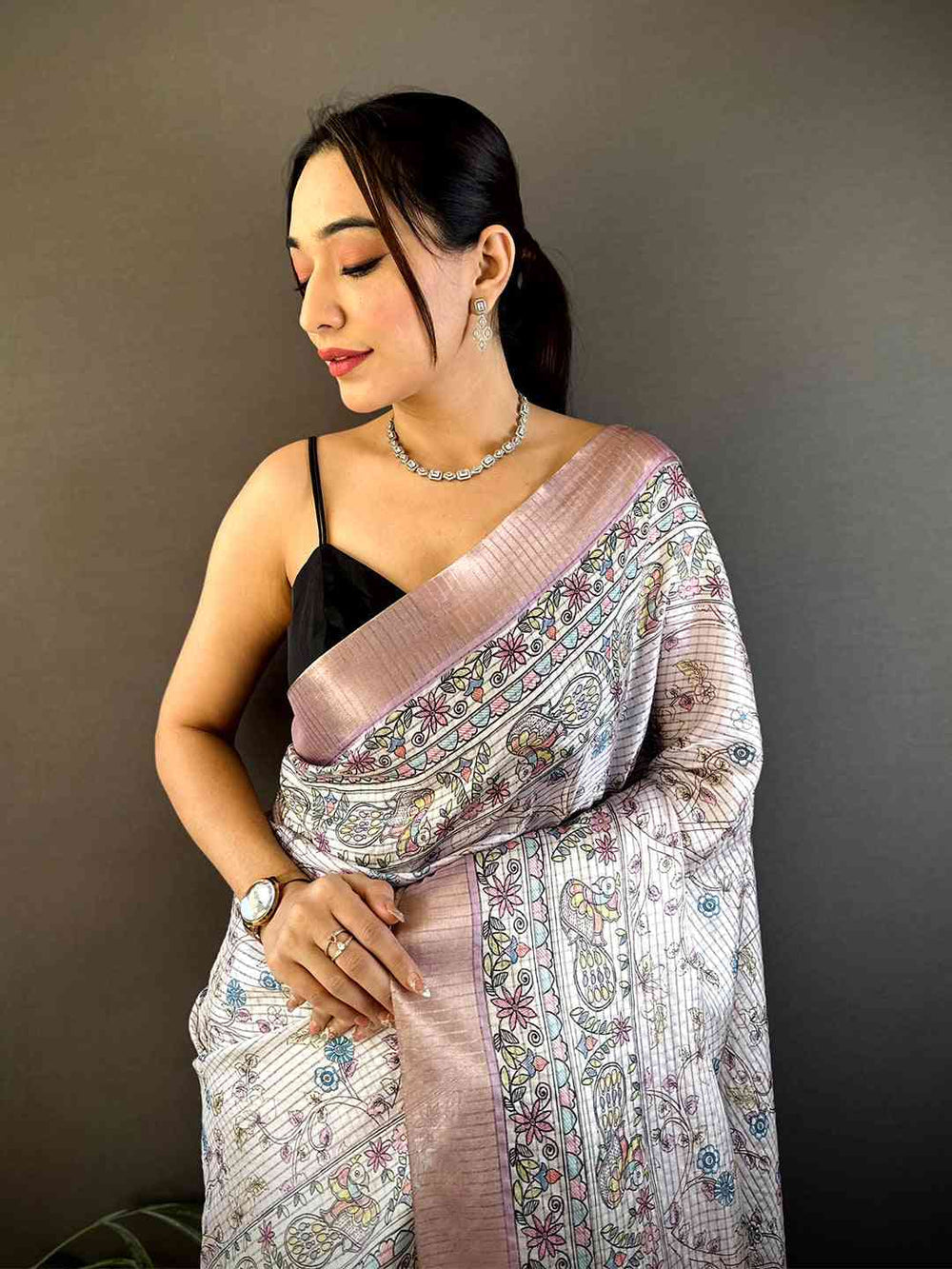 Soft Pink Linen Silk Saree with Intricate Ethnic Print & Woven Border
