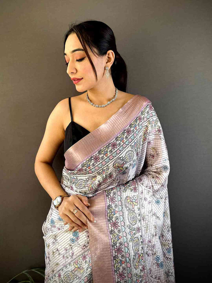 Soft Pink Linen Silk Saree with Intricate Ethnic Print & Woven Border