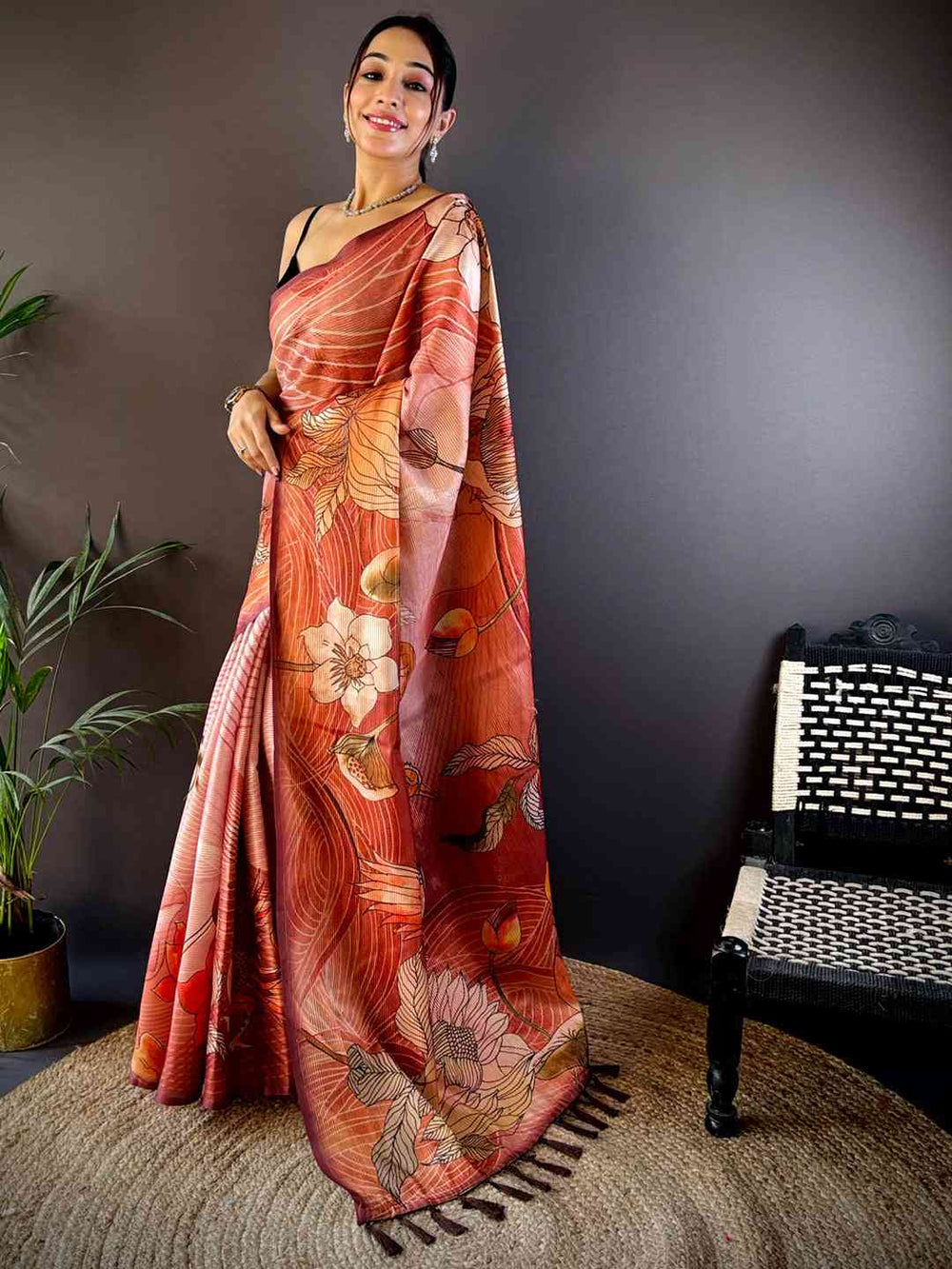 Rust Orange Linen Silk Saree with Bold Leaf Print & Elegant Border