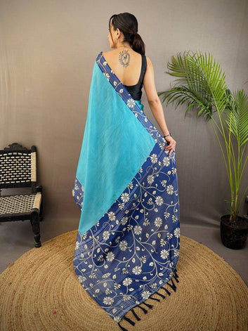 Turquoise & Navy Blue Linen Silk Saree with Floral Printed Border & Tassel Pallu