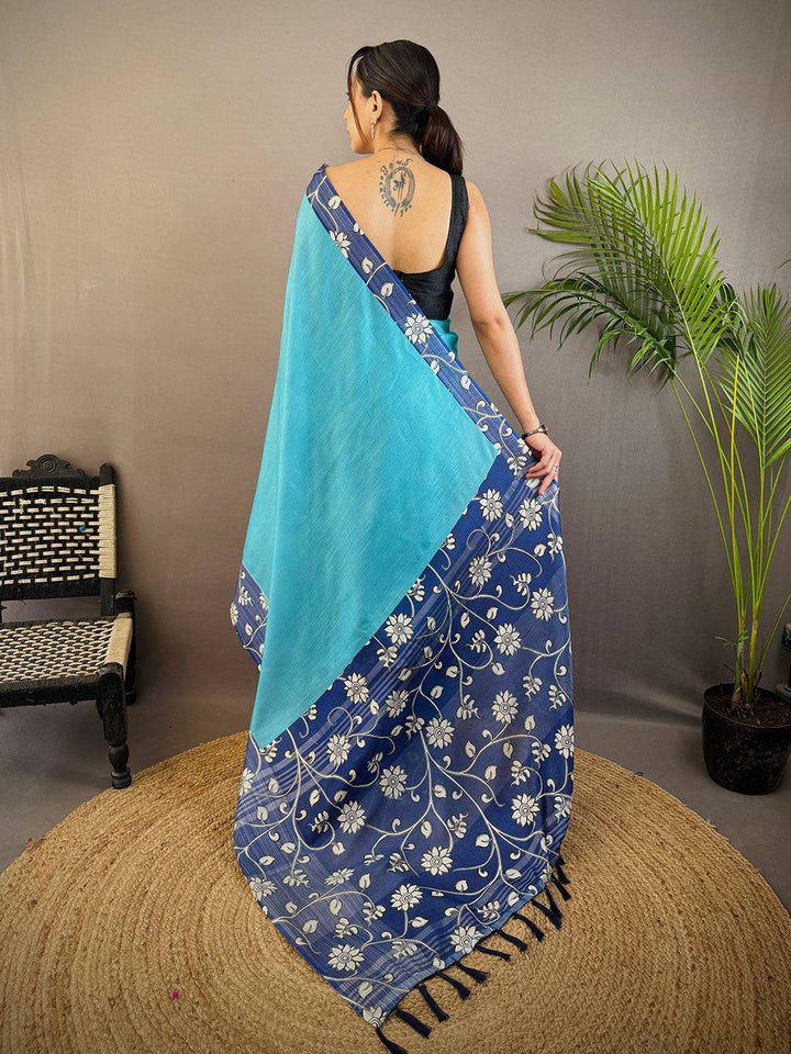 Turquoise & Navy Blue Linen Silk Saree with Floral Printed Border & Tassel Pallu