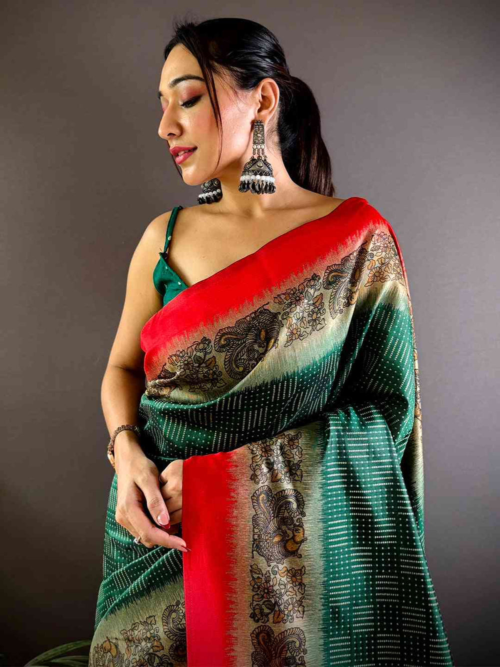 Green & Red Linen Silk Saree with Bandhej & Paisley Print