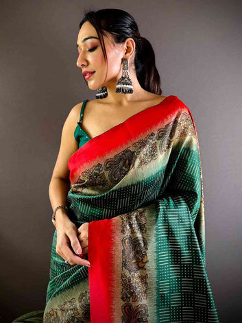Green & Red Linen Silk Saree with Bandhej & Paisley Print