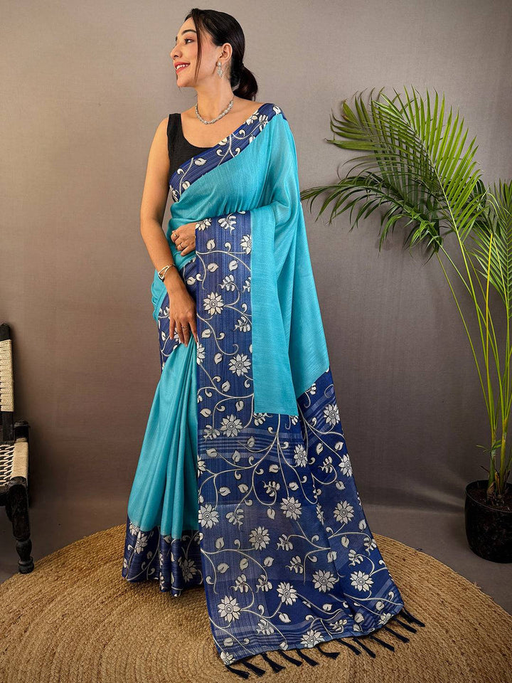Turquoise & Navy Blue Linen Silk Saree with Floral Printed Border & Tassel Pallu