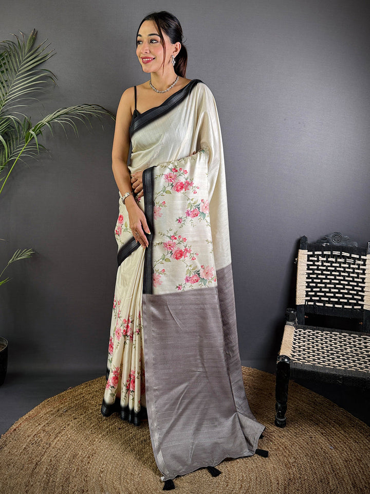 Cream Linen Silk Saree with Pink Floral Print & Grey Contrast Border