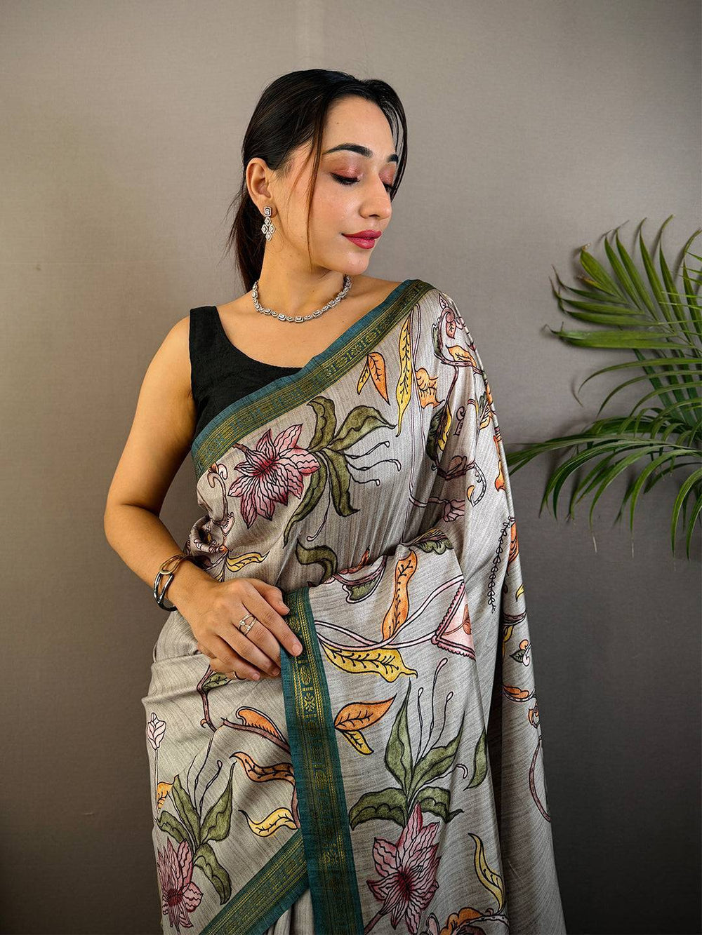 Grey Printed Silk Saree with Multicolor Floral Design & Contrast Green Border