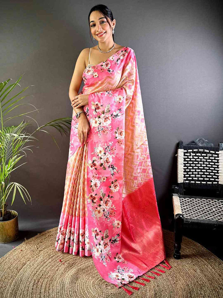 Pink Linen Silk Saree with Floral Print & Golden Chevron Weave