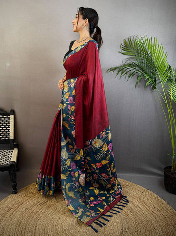 Maroon & Navy Blue Linen Silk Saree with Floral Digital Print & Contrast Pallu