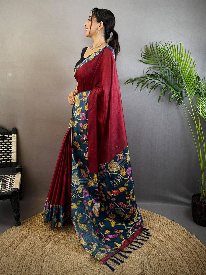 Maroon & Navy Blue Linen Silk Saree with Floral Digital Print & Contrast Pallu