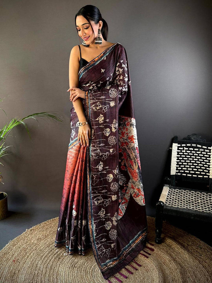Maroon Linen Silk Saree with Artistic Floral Print & Tassel Pallu