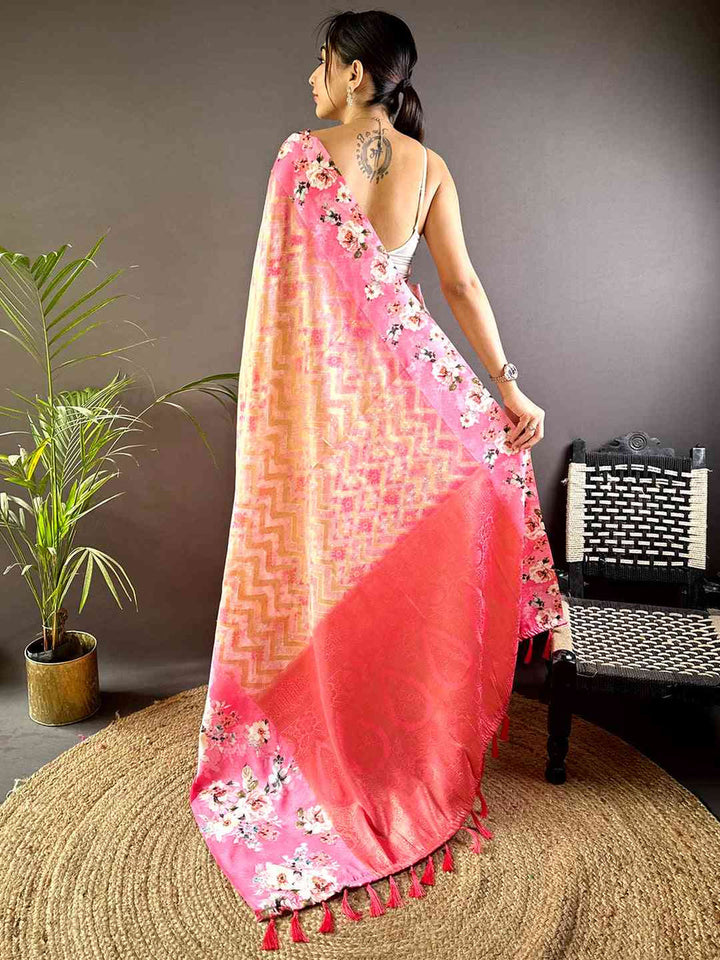 Pink Linen Silk Saree with Floral Print & Golden Chevron Weave
