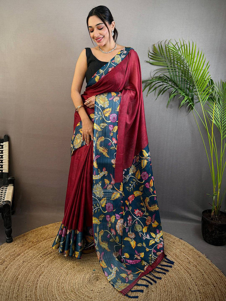 Maroon & Navy Blue Linen Silk Saree with Floral Digital Print & Contrast Pallu