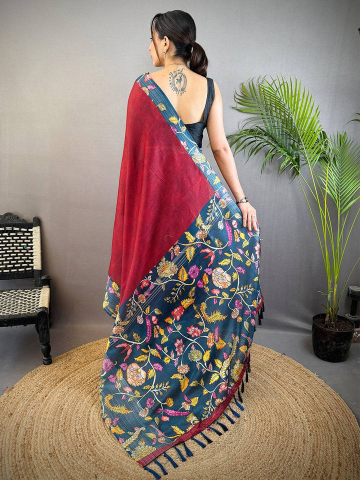 Maroon & Navy Blue Linen Silk Saree with Floral Digital Print & Contrast Pallu