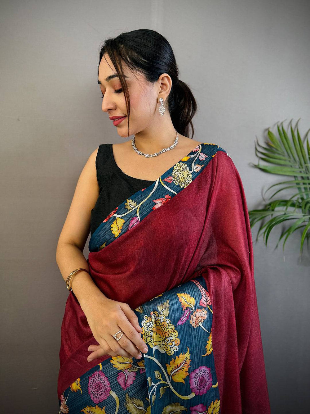 Maroon & Navy Blue Linen Silk Saree with Floral Digital Print & Contrast Pallu