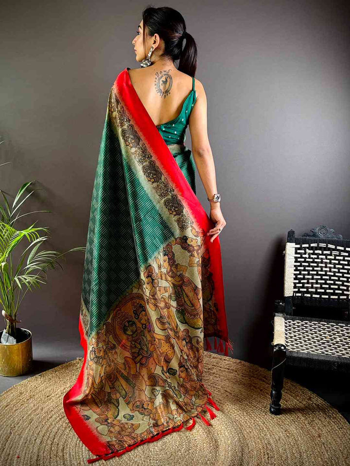 Green & Red Linen Silk Saree with Bandhej & Paisley Print