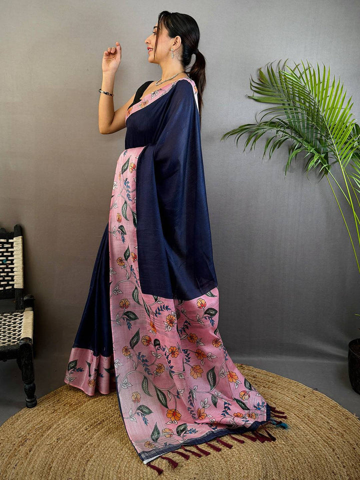 Navy Blue & Pink Linen Silk Saree with Floral Digital Print & Contrast Pallu