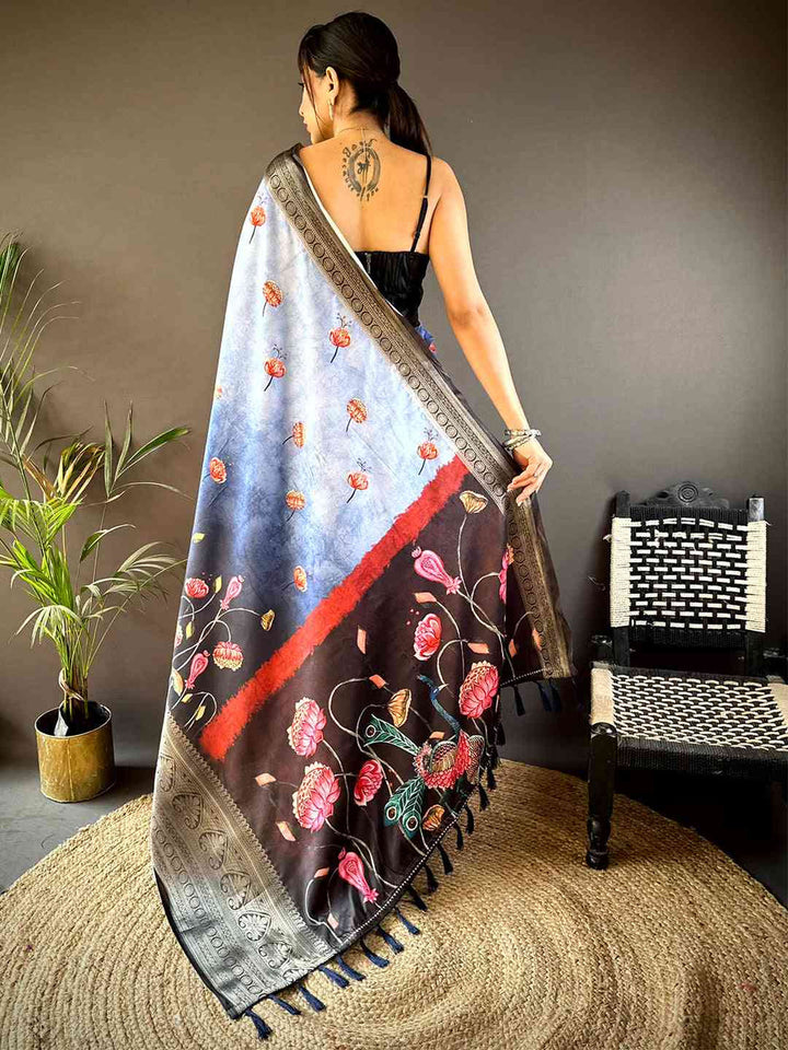 Sky Blue Linen Silk Saree with Artistic Print & Zari Border