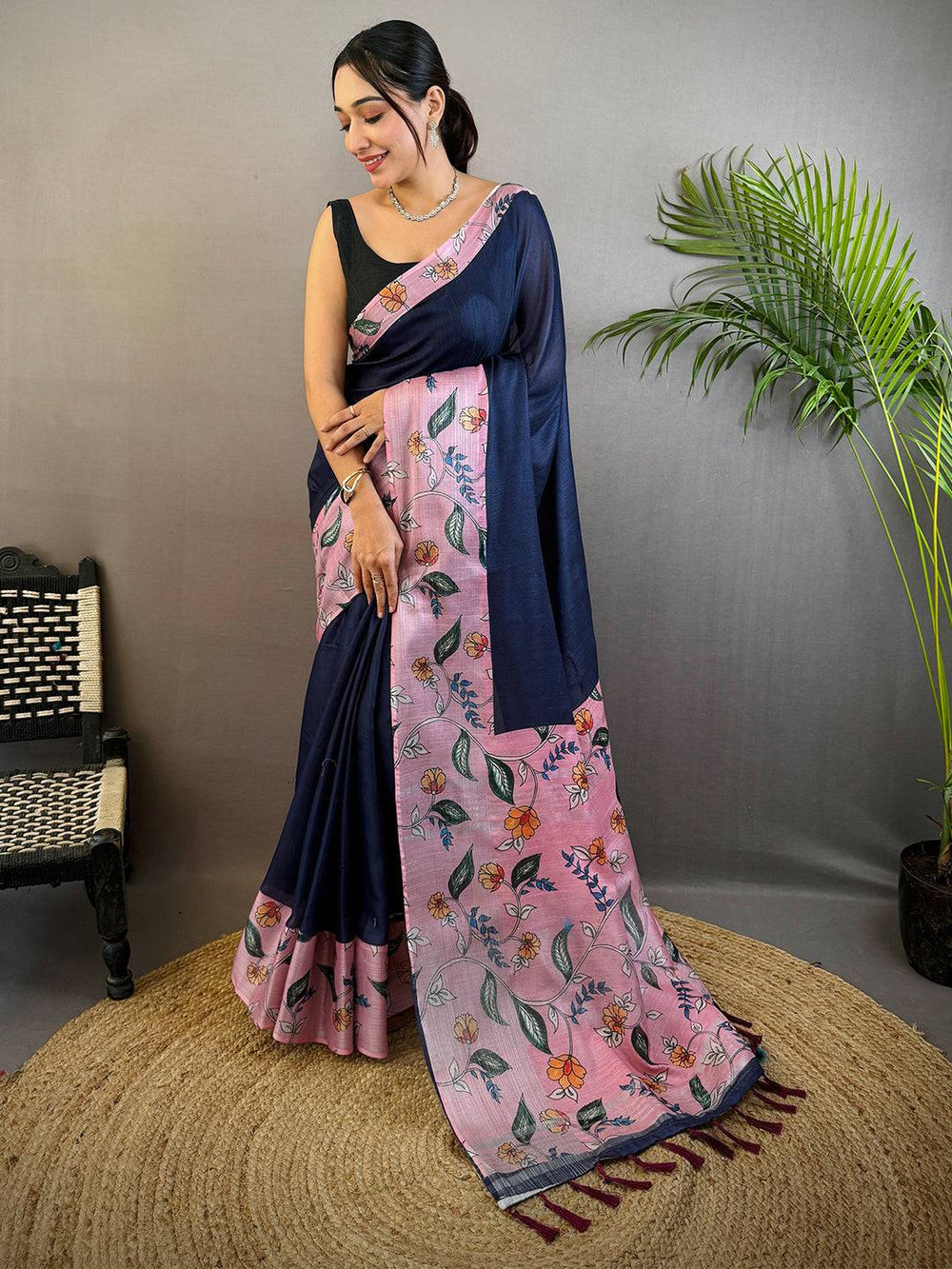 Navy Blue & Pink Linen Silk Saree with Floral Digital Print & Contrast Pallu