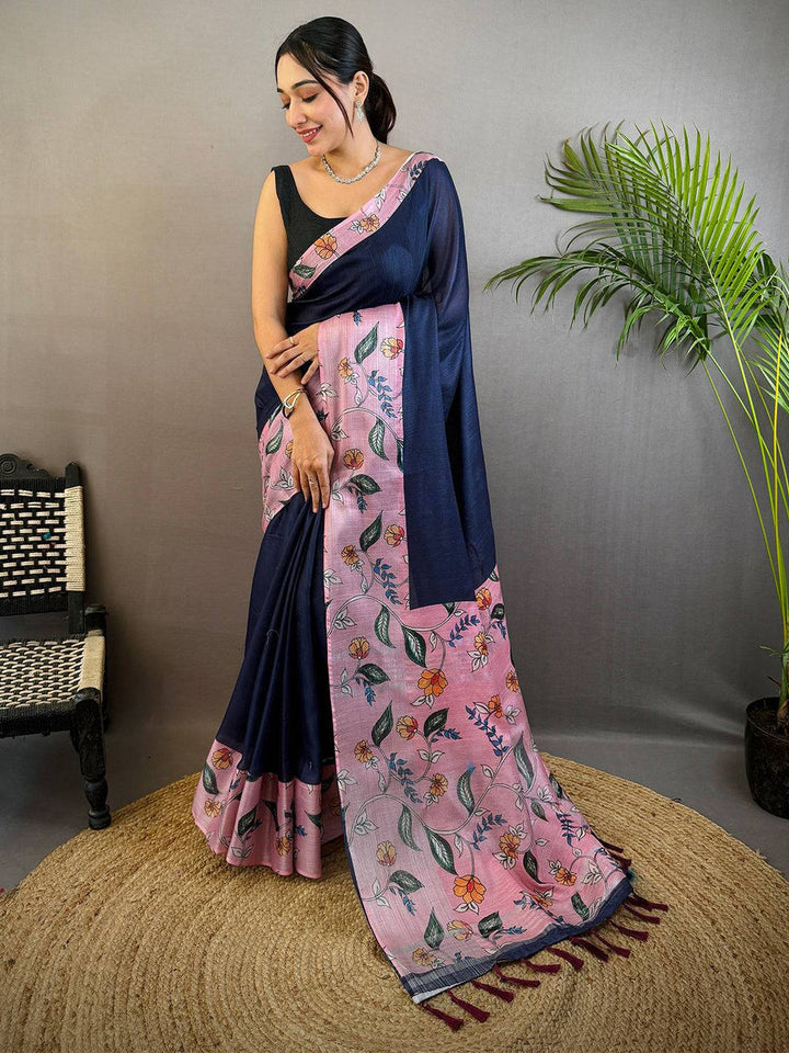 Navy Blue & Pink Linen Silk Saree with Floral Digital Print & Contrast Pallu